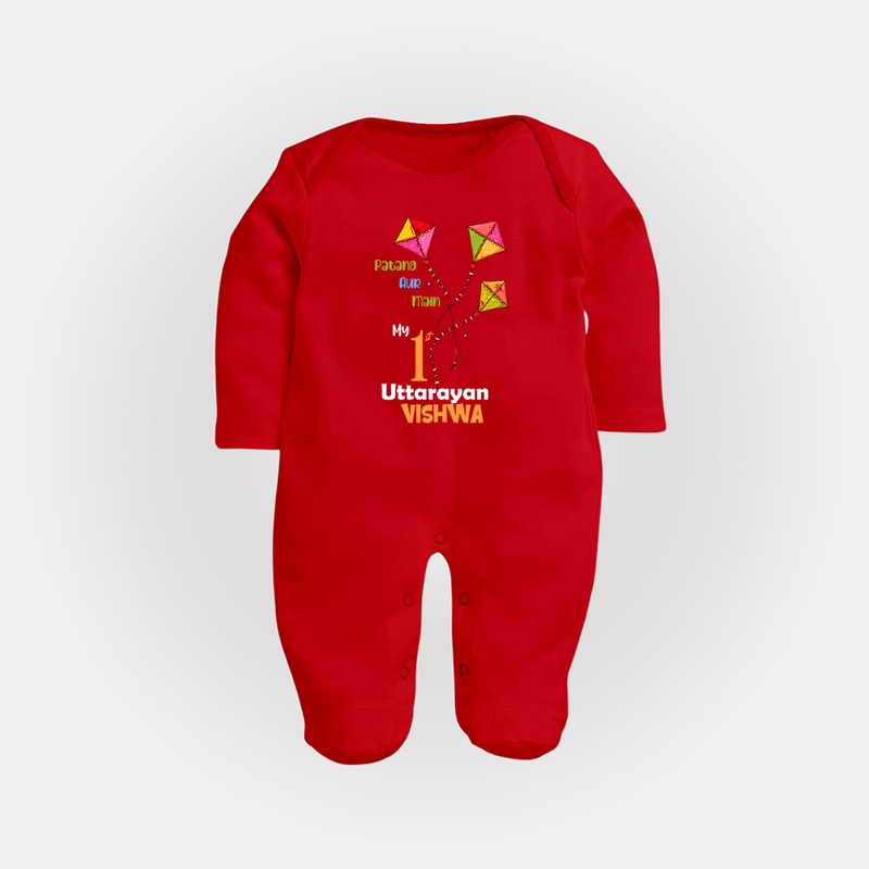 My 1st Uttarayan - Patang Aur Main Customized Sleep Suit for Kids with Name - RED - New Born (Chest 7.5")