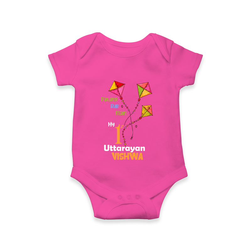 My 1st Uttarayan - Patang Aur Main Customized Romper for Babies with Name - HOT PINK - 0 - 3 Months Old (Chest 16")