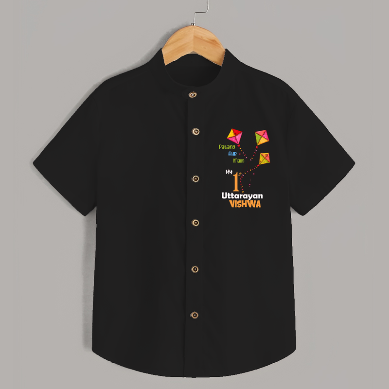 My 1st Uttarayan - Patang Aur Main Customized Shirt for Kids with Name - BLACK - 0 - 6 Months Old (Chest 23")