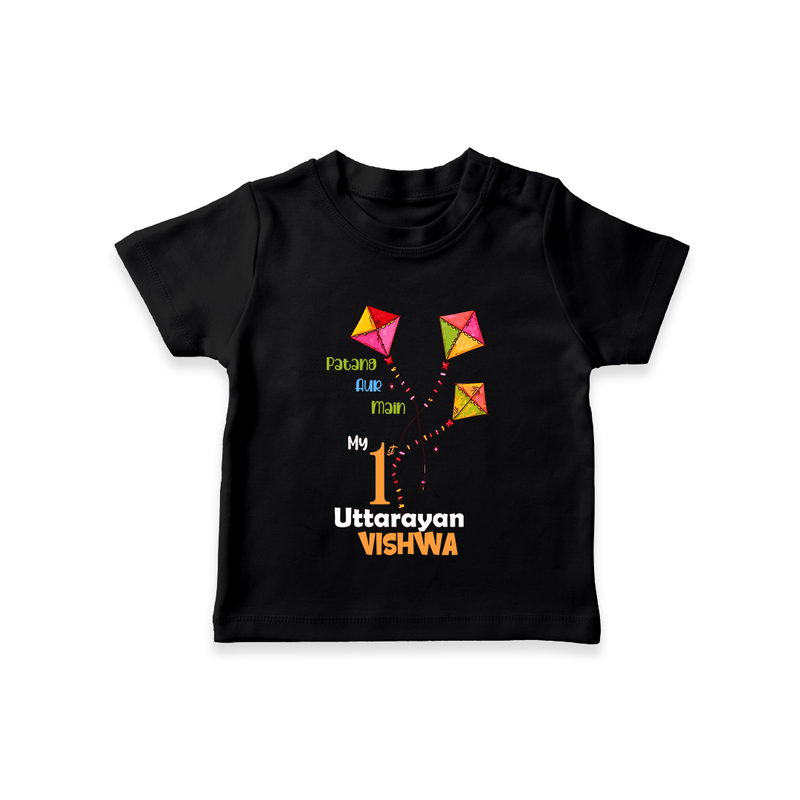 My 1st Uttarayan - Patang Aur Main Customized T-shirt for Babies with Name - BLACK - 0-5 Months Old (Chest 17")