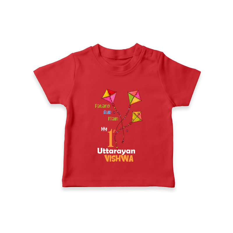 My 1st Uttarayan - Patang Aur Main Customized T-shirt for Babies with Name - RED - 0-5 Months Old (Chest 17")