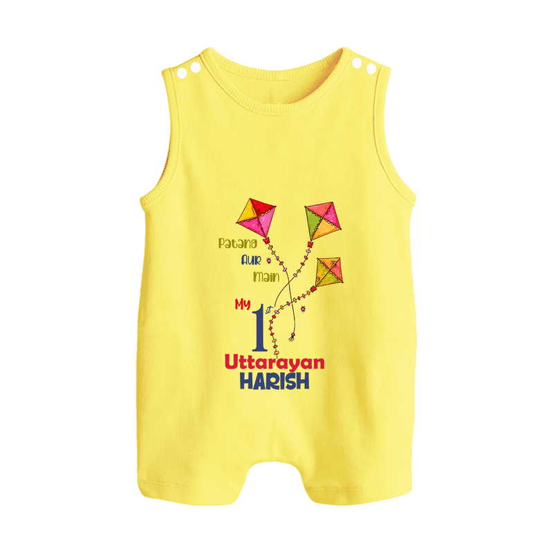 My 1st Uttarayan - Patang Aur Main Customized Romper Suit for Kids with Name - PASTEL YELLOW - 0 - 5 Months Old (Chest 18")