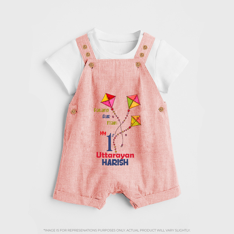 My 1st Uttarayan - Patang Aur Main Customized Dungaree Set for Kids with Name - PEACH - 0 - 5 Months Old (Chest 18")