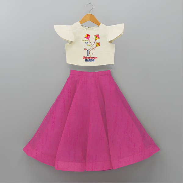 My 1st Uttarayan - Patang Aur Main Customized Crop Top And Skirt for Kids with Name - FUSCHIA - 6 - 9 Months Old (Chest 20" , Frock Waist 20")