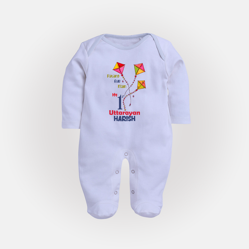 My 1st Uttarayan - Patang Aur Main Customized Sleep Suit for Kids with Name - BABY BLUE - New Born (Chest 7.5")