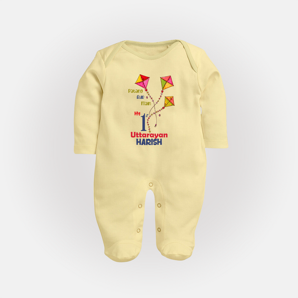 My 1st Uttarayan - Patang Aur Main Customized Sleep Suit for Kids with Name - PASTEL YELLOW - New Born (Chest 7.5")