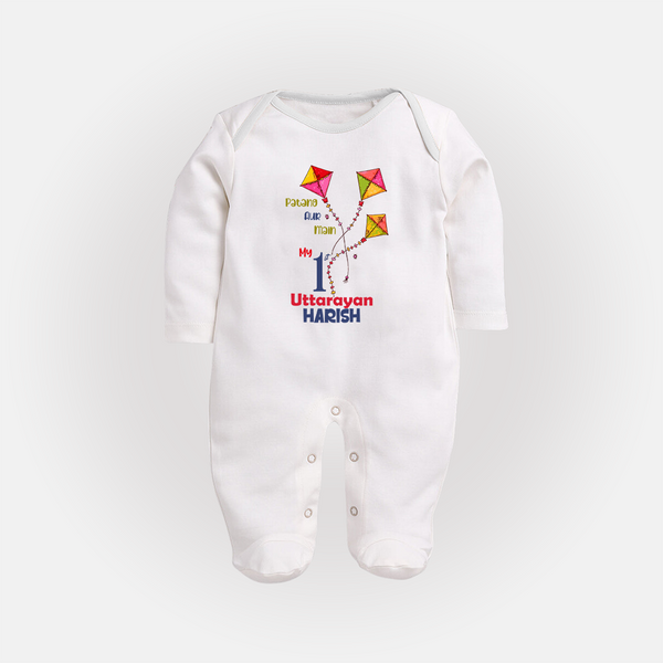 My 1st Uttarayan - Patang Aur Main Customized Sleep Suit for Kids with Name - WHITE - New Born (Chest 7.5")