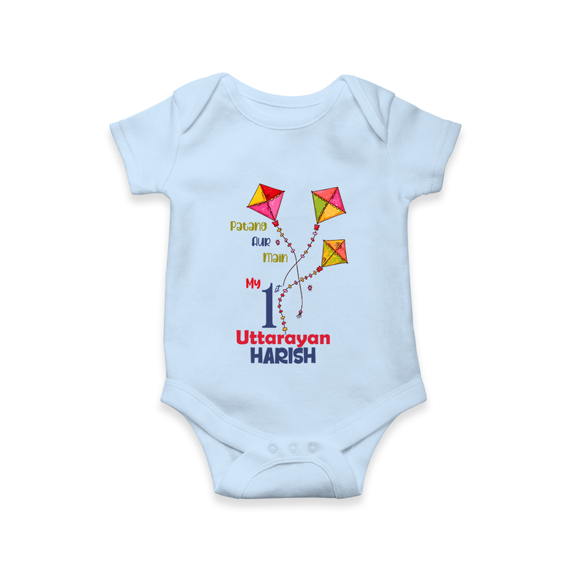 My 1st Uttarayan - Patang Aur Main Customized Romper for Babies with Name - BABY BLUE - 0 - 3 Months Old (Chest 16")