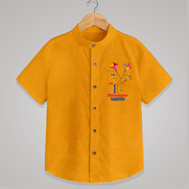 My 1st Uttarayan - Patang Aur Main Customized Shirt for Kids with Name - CHROME YELLOW - 0 - 6 Months Old (Chest 23")