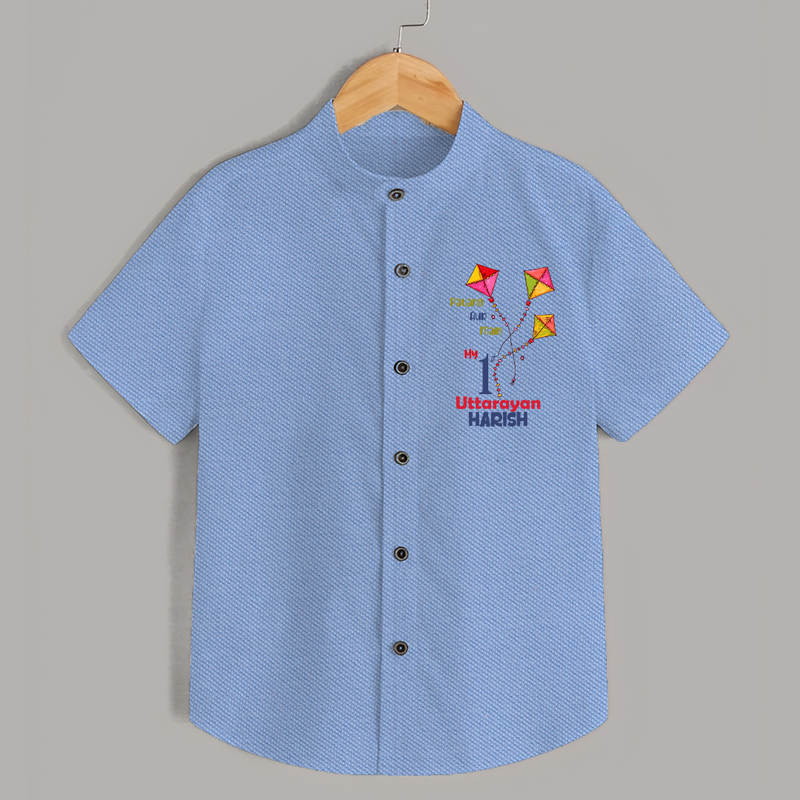 My 1st Uttarayan - Patang Aur Main Customized Shirt for Kids with Name - SKY BLUE - 0 - 6 Months Old (Chest 23")