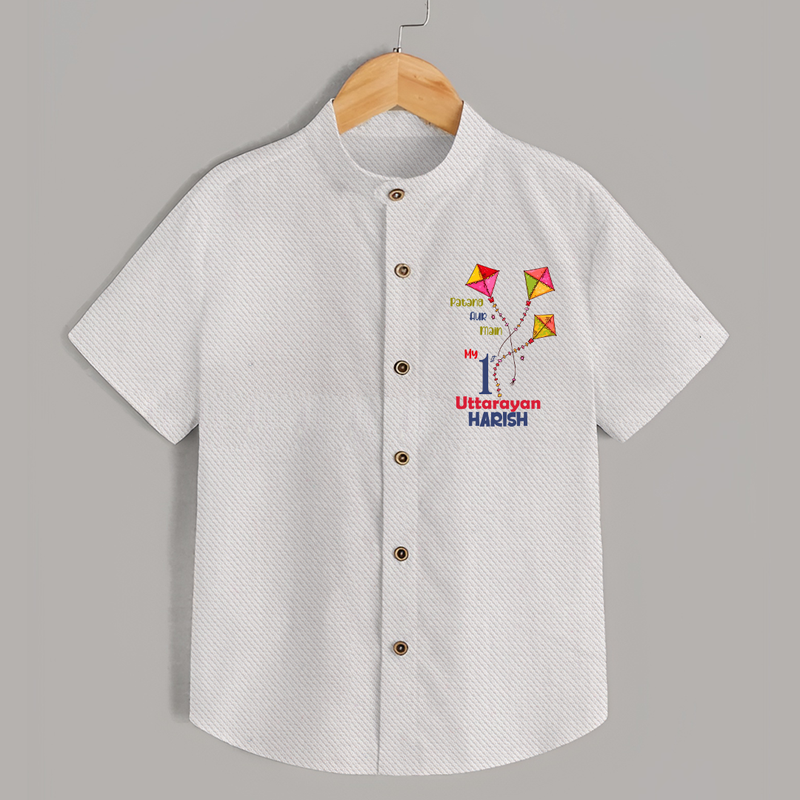 My 1st Uttarayan - Patang Aur Main Customized Shirt for Kids with Name - WHITE - 0 - 6 Months Old (Chest 23")