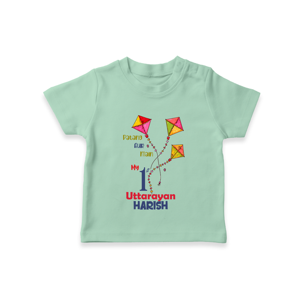 My 1st Uttarayan - Patang Aur Main Customized T-shirt for Babies with Name - MINT GREEN - 0-5 Months Old (Chest 17")