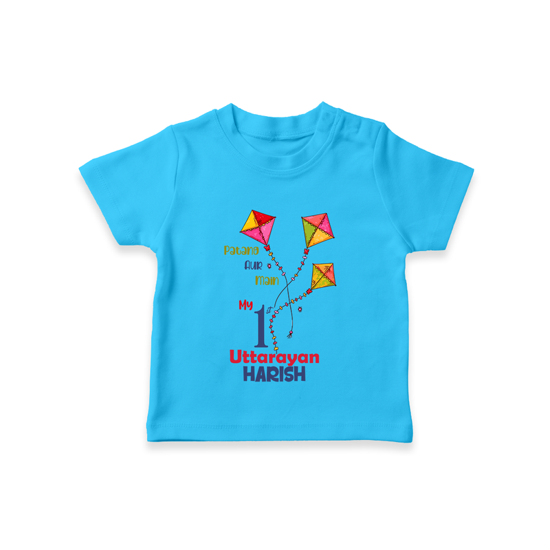 My 1st Uttarayan - Patang Aur Main Customized T-shirt for Babies with Name - SKY BLUE - 0-5 Months Old (Chest 17")