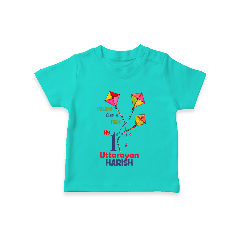 My 1st Uttarayan - Patang Aur Main Customized T-shirt for Babies with Name - TEAL - 0-5 Months Old (Chest 17")