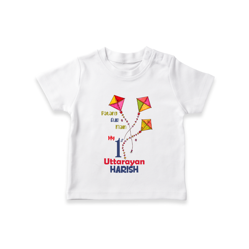 My 1st Uttarayan - Patang Aur Main Customized T-shirt for Babies with Name - WHITE - 0-5 Months Old (Chest 17")