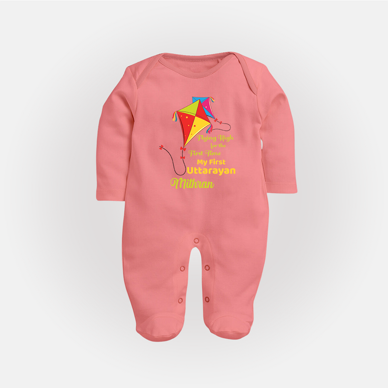 Flying High For The First Time - My First Uttarayan Customized Sleep Suit for Kids with Name - PEACH - New Born (Chest 7.5")