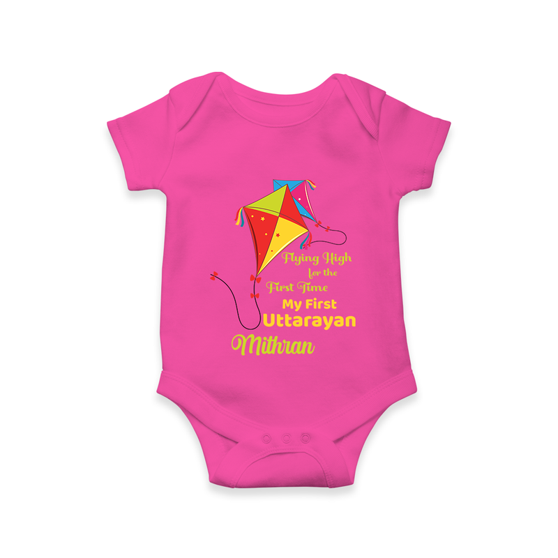 Flying High For The First Time - My First Uttarayan Customized Romper for Babies with Name - HOT PINK - 0 - 3 Months Old (Chest 16")