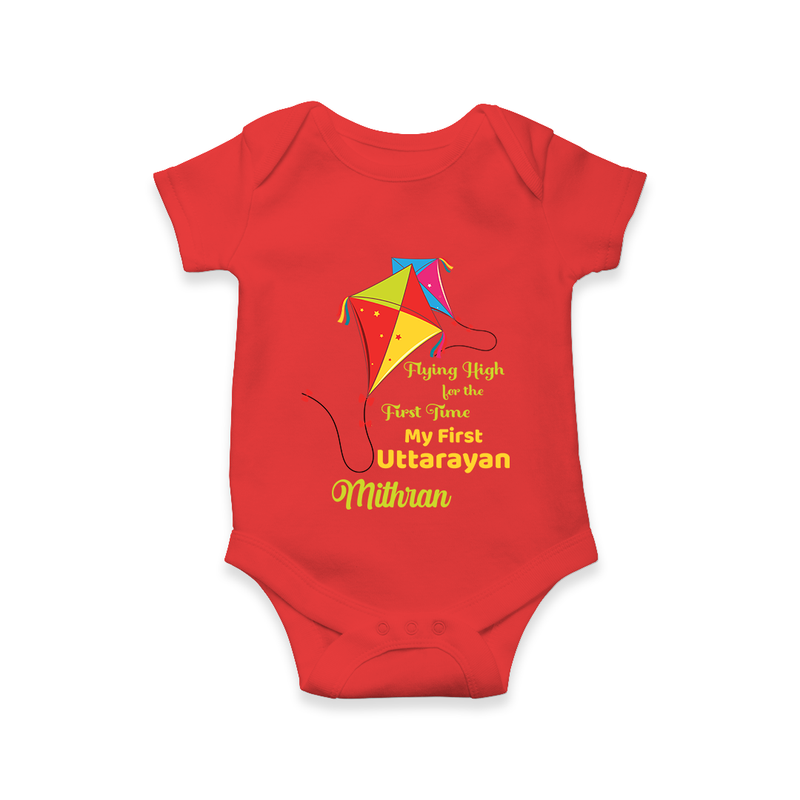 Flying High For The First Time - My First Uttarayan Customized Romper for Babies with Name - RED - 0 - 3 Months Old (Chest 16")