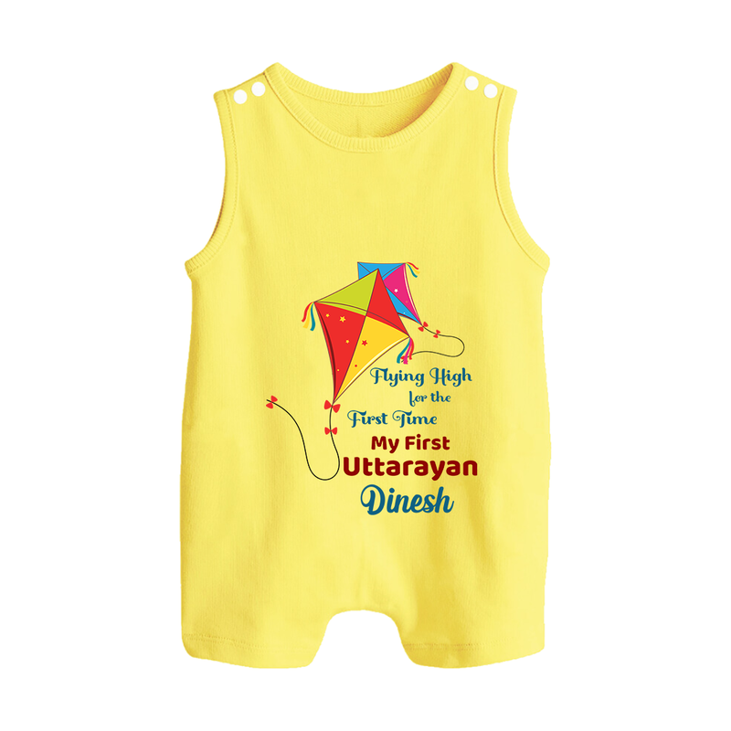 Flying High For The First Time - My First Uttarayan Customized Romper Suit for Kids with Name - PASTEL YELLOW - 0 - 5 Months Old (Chest 18")