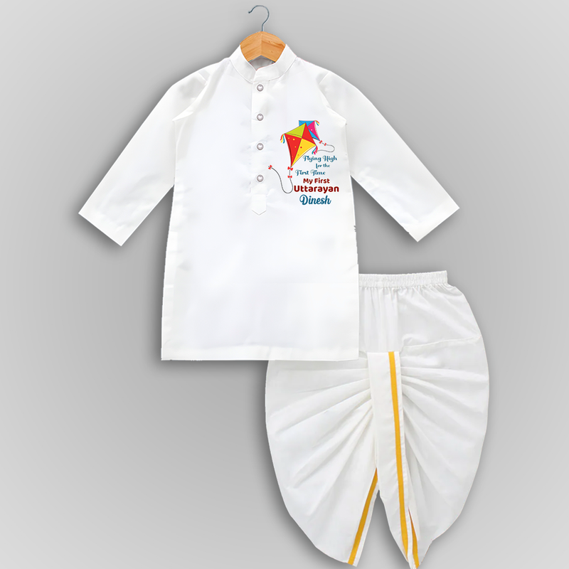 Flying High For The First Time - My First Uttarayan Customized Drapped Dhoti for Kids with Name - WHITE - 0 - 6 Month Old (Chest 24", Kurta Length 14" , Waist 19", Dhoti Length 14")