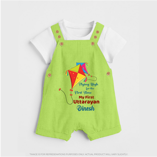 Flying High For The First Time - My First Uttarayan Customized Dungaree Set for Kids with Name - GREEN - 0 - 5 Months Old (Chest 18")