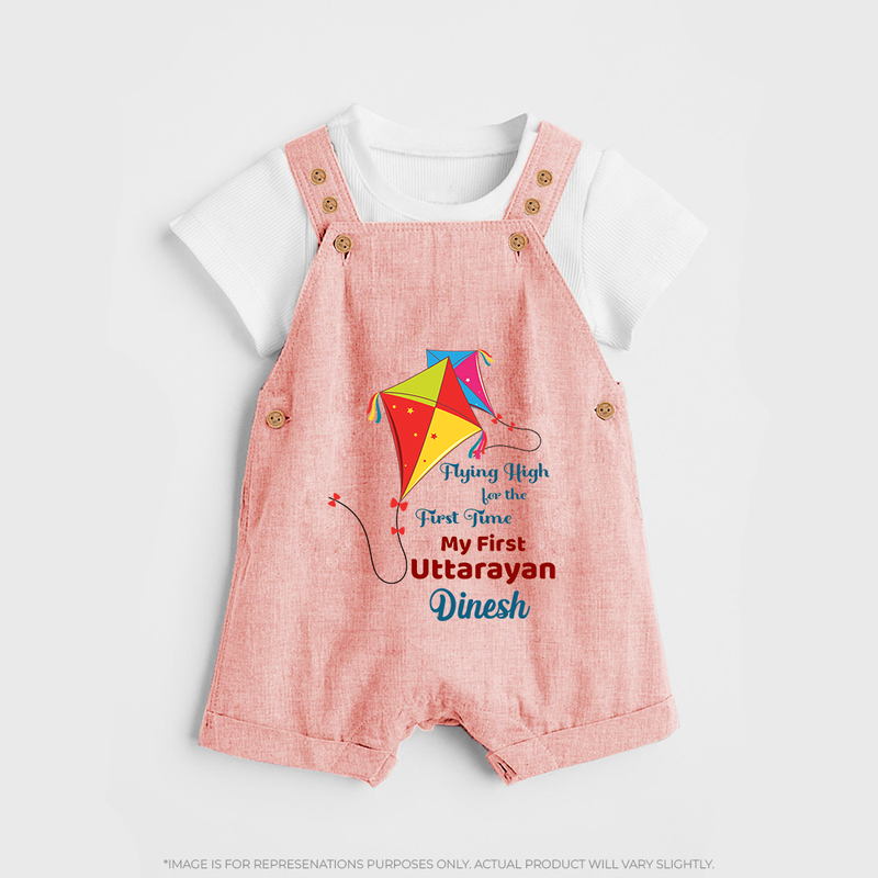 Flying High For The First Time - My First Uttarayan Customized Dungaree Set for Kids with Name - PEACH - 0 - 5 Months Old (Chest 18")