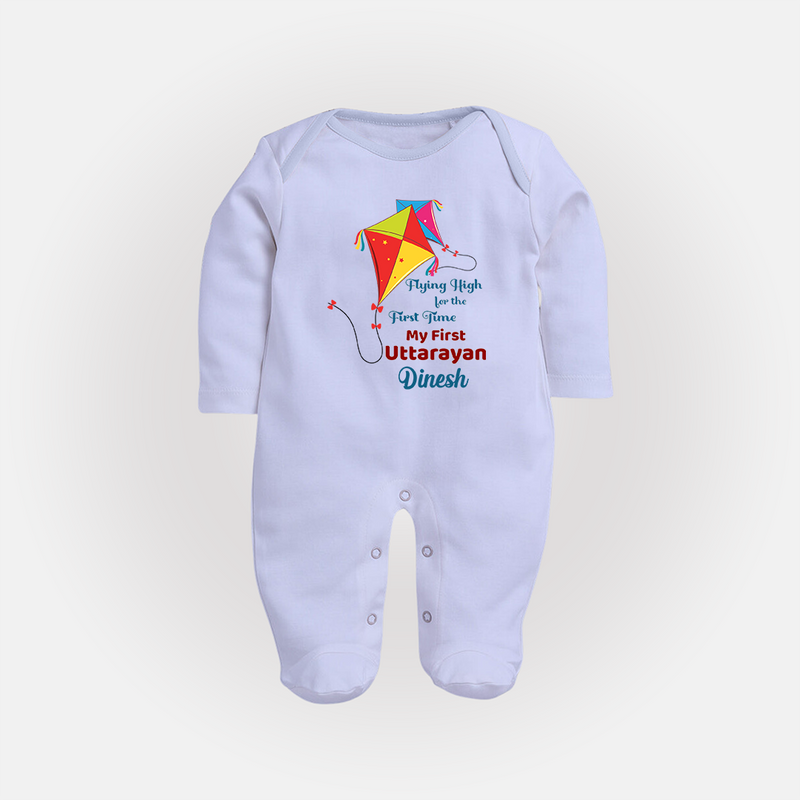 Flying High For The First Time - My First Uttarayan Customized Sleep Suit for Kids with Name - BABY BLUE - New Born (Chest 7.5")