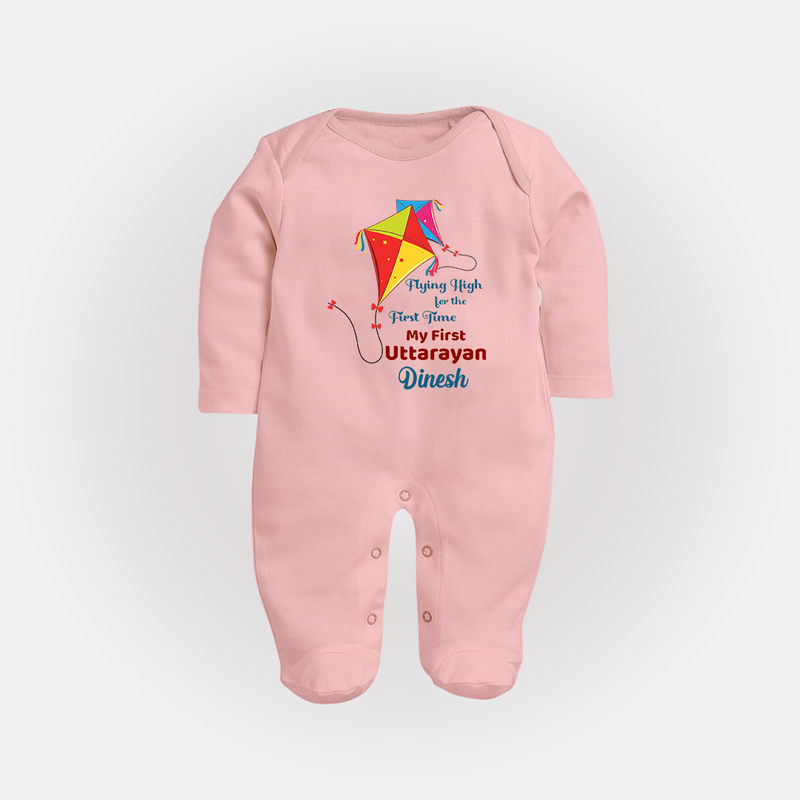 Flying High For The First Time - My First Uttarayan Customized Sleep Suit for Kids with Name - BABY PINK - New Born (Chest 7.5")