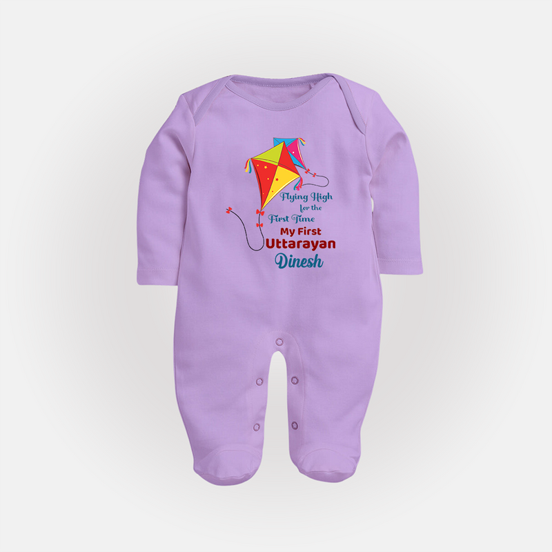 Flying High For The First Time - My First Uttarayan Customized Sleep Suit for Kids with Name - LILAC - New Born (Chest 7.5")