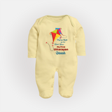 Flying High For The First Time - My First Uttarayan Customized Sleep Suit for Kids with Name - PASTEL YELLOW - New Born (Chest 7.5")