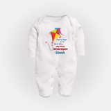 Flying High For The First Time - My First Uttarayan Customized Sleep Suit for Kids with Name - WHITE - New Born (Chest 7.5")