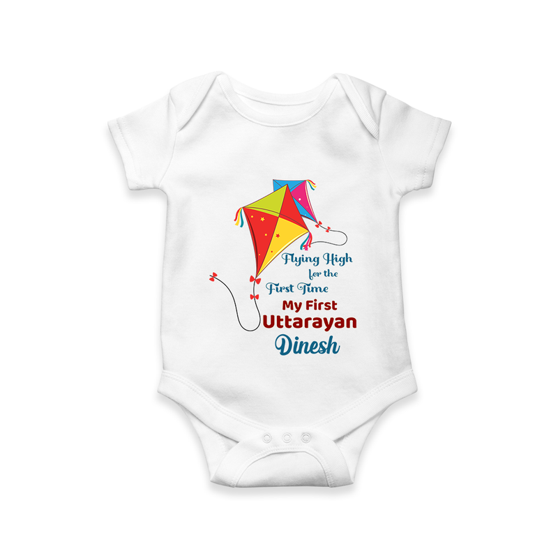 Flying High For The First Time - My First Uttarayan Customized Romper for Babies with Name - WHITE - 0 - 3 Months Old (Chest 16")