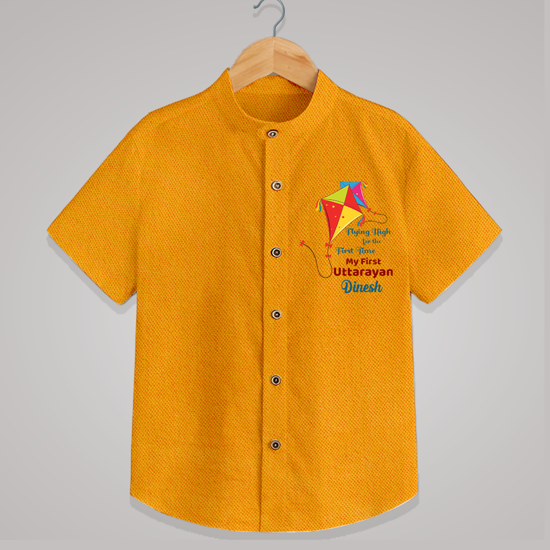 Flying High For The First Time - My First Uttarayan Customized Shirt for Kids with Name - CHROME YELLOW - 0 - 6 Months Old (Chest 23")