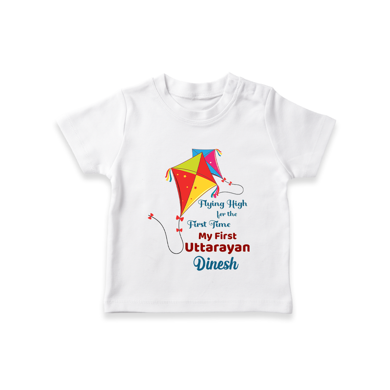 Flying High For The First Time - My First Uttarayan Customized T-shirt for Babies with Name - WHITE - 0-5 Months Old (Chest 17")