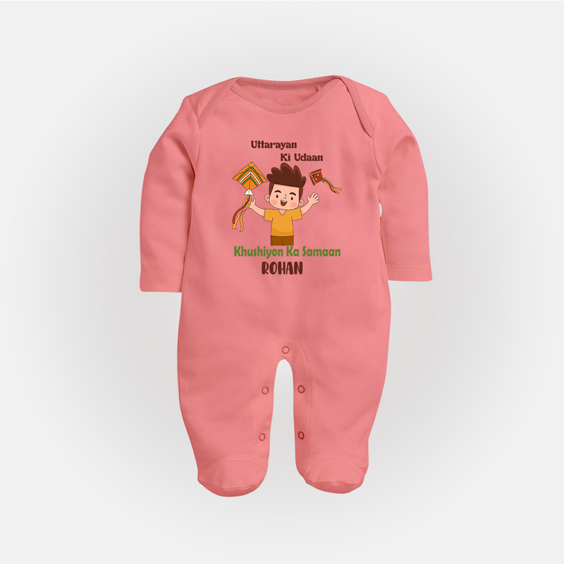 Uttarayan Ki Udaan - Khushiyon Ka Samaan - Customised Full Body Suit  - PEACH - New Born (Chest 7.5")