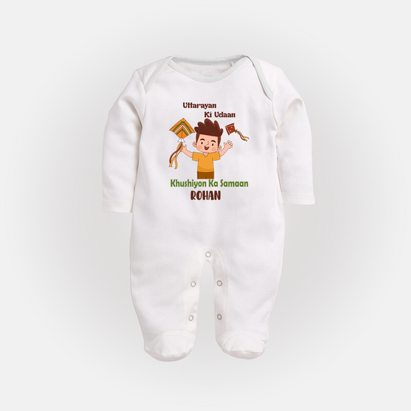 Uttarayan Ki Udaan - Khushiyon Ka Samaan - Customised Full Body Suit  - WHITE - New Born (Chest 7.5")