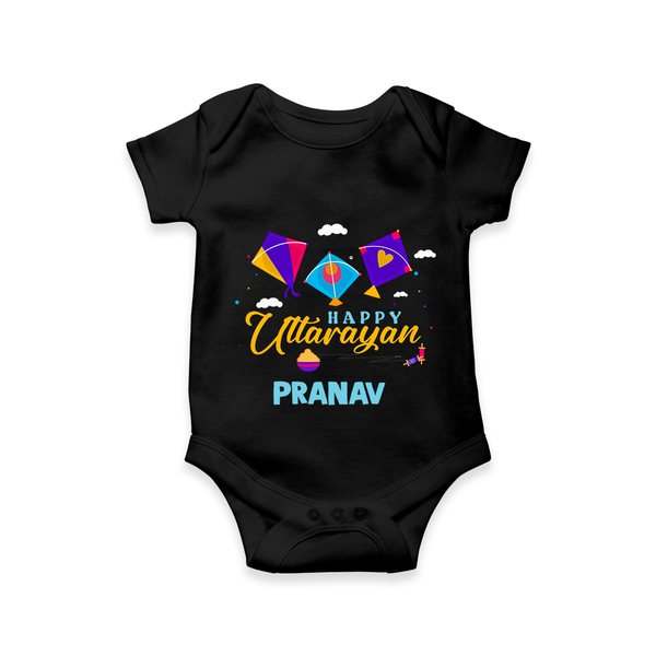 Happy Uttarayan | Custom Romper with Name - BLACK - New Born (Chest 14")