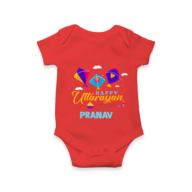 Happy Uttarayan - Cute Customised Onesie For Kids - RED - 0 - 3 Months Old (Chest 16")