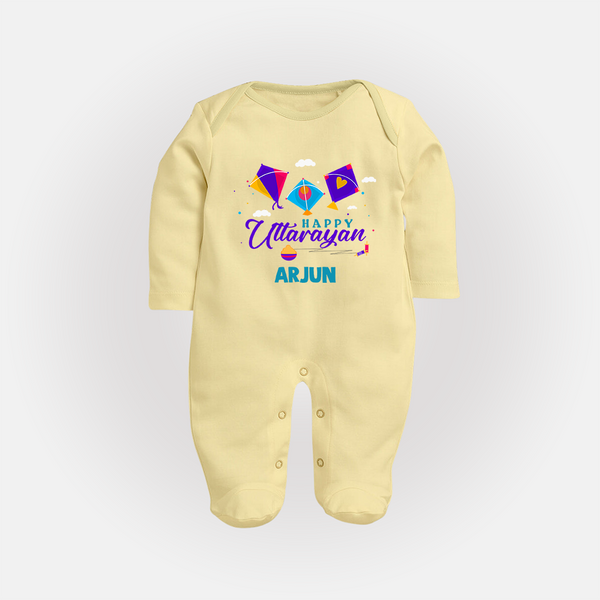 Happy Uttarayan | Custom FullBody Suit with Name - PASTEL YELLOW - New Born (Chest 7.5")