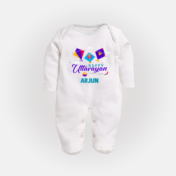 Happy Uttarayan | Custom FullBody Suit with Name - WHITE - New Born (Chest 7.5")