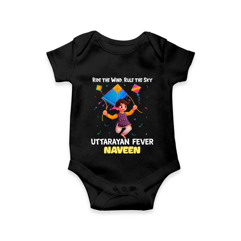 Ride The Wind, Rule The Sky, Uttarayan Fever - Adorable Customised Onesie For Kids  - BLACK - 0 - 3 Months Old (Chest 16")