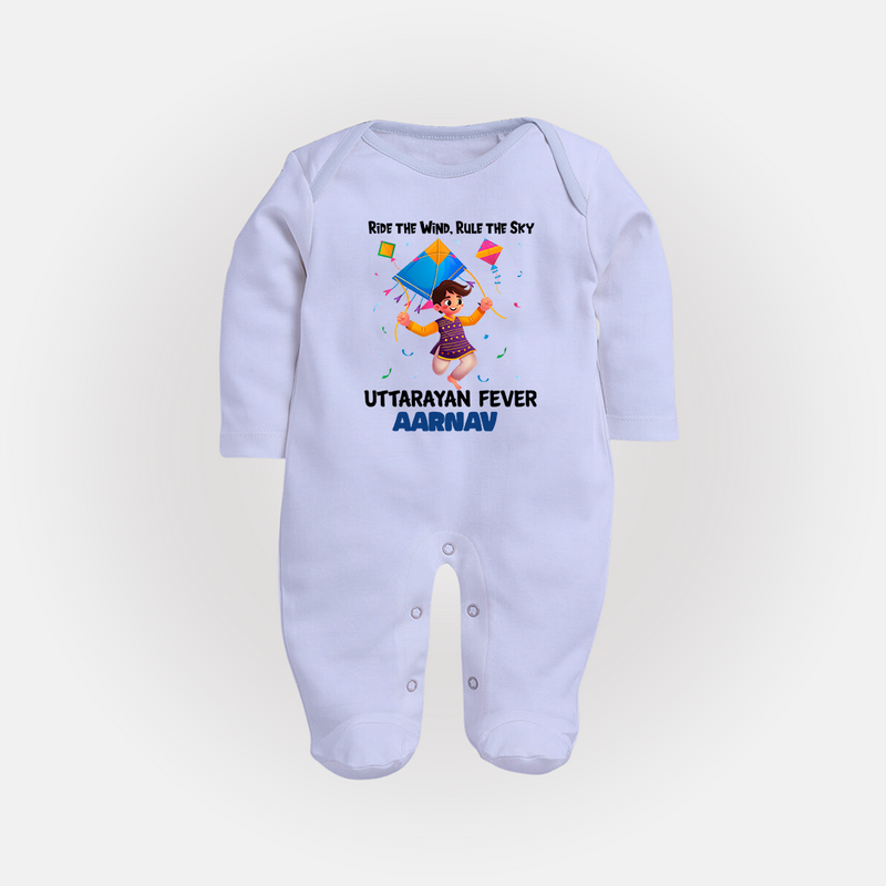 Ride The Wind, Rule The Sky, Uttarayan Fever - Adorable Customised Full Body Suit For Kids  - BABY BLUE - New Born (Chest 7.5")