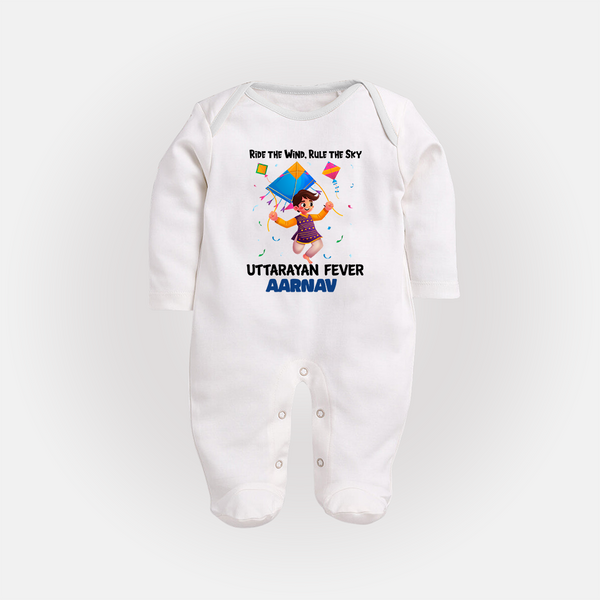 Ride The Wind, Rule The Sky, Uttarayan Fever - Adorable Customised Full Body Suit For Kids  - WHITE - New Born (Chest 7.5")