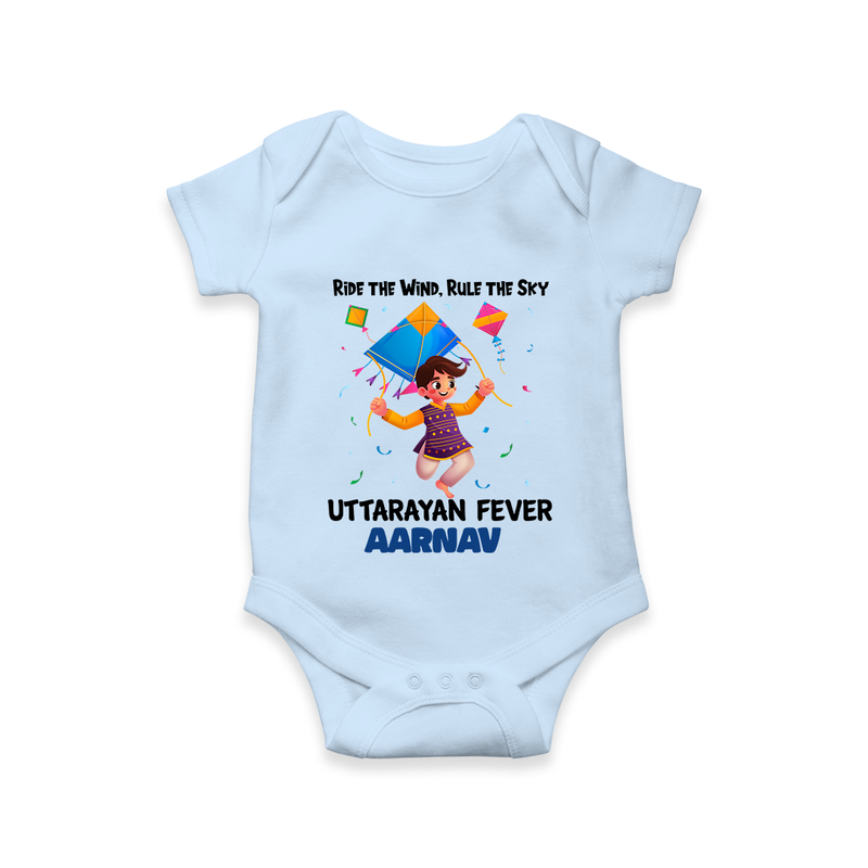 Ride The Wind, Rule The Sky, Uttarayan Fever - Adorable Customised Onesie For Kids  - BABY BLUE - 0 - 3 Months Old (Chest 16")