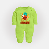 My First Lohri | Personalised Fullbody suit with Name - LIME GREEN - New Born (Chest 7.5")