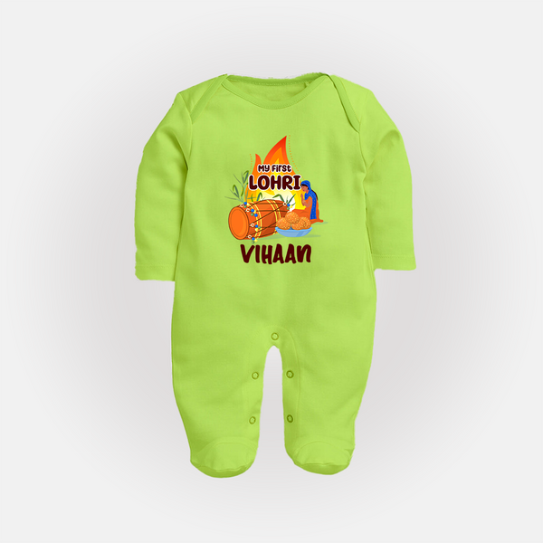 My First Lohri | Customized Fullbody suit with Name - LIME GREEN - New Born (Chest 7.5")