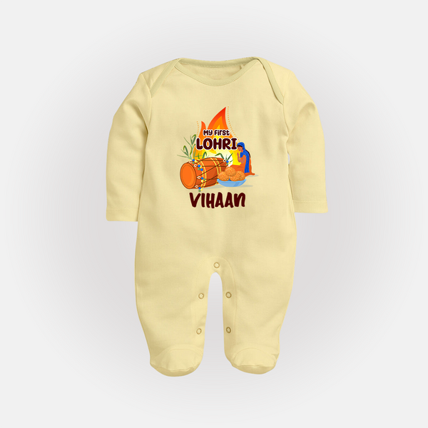 My First Lohri | Customized Fullbody suit with Name - PASTEL YELLOW - New Born (Chest 7.5")