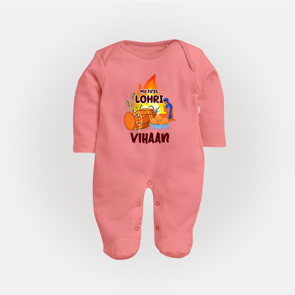 My First Lohri | Customized Fullbody suit with Name - PEACH - New Born (Chest 7.5")