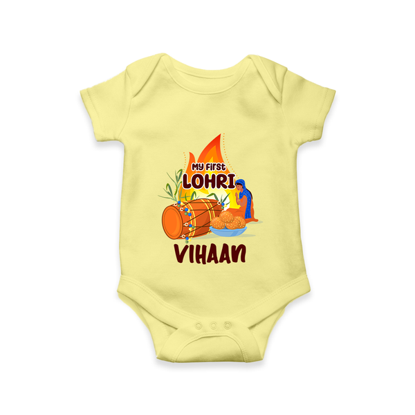 My First Lohri | Customized Romper with Name - PASTEL YELLOW - New Born (Chest 14")