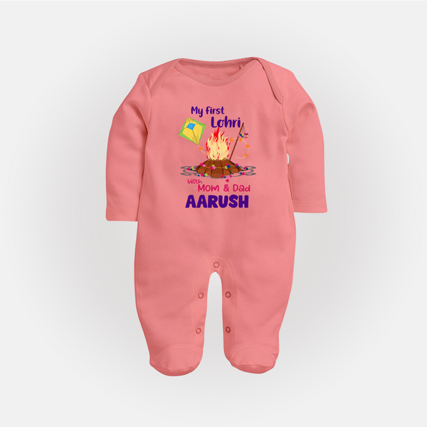 My First Lohri| Custom Fullbody suit with Name - PEACH - New Born (Chest 7.5")